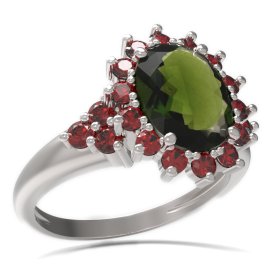 BG prsten s oválným kamenem 516-U Bílé zlato - 585 Vltavín a granát