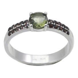 BG prsten přírodní broušený granát 726 Bílé zlato - 585 Vltavín a granát