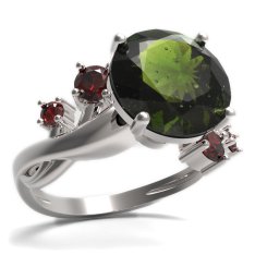 BG prsten s kulatým kamenem 475-P Bílé zlato - 585 Vltavín a granát
