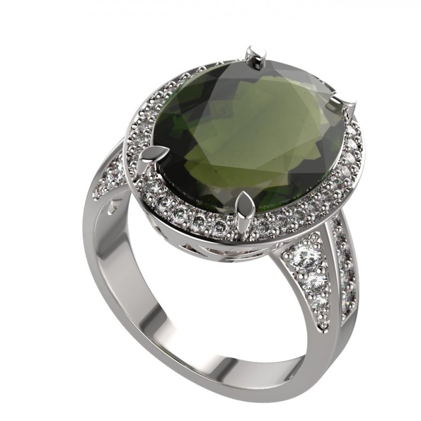 BG prsten oválný s vltavínem 648 Bílé zlato - 585 Vltavín a diamant