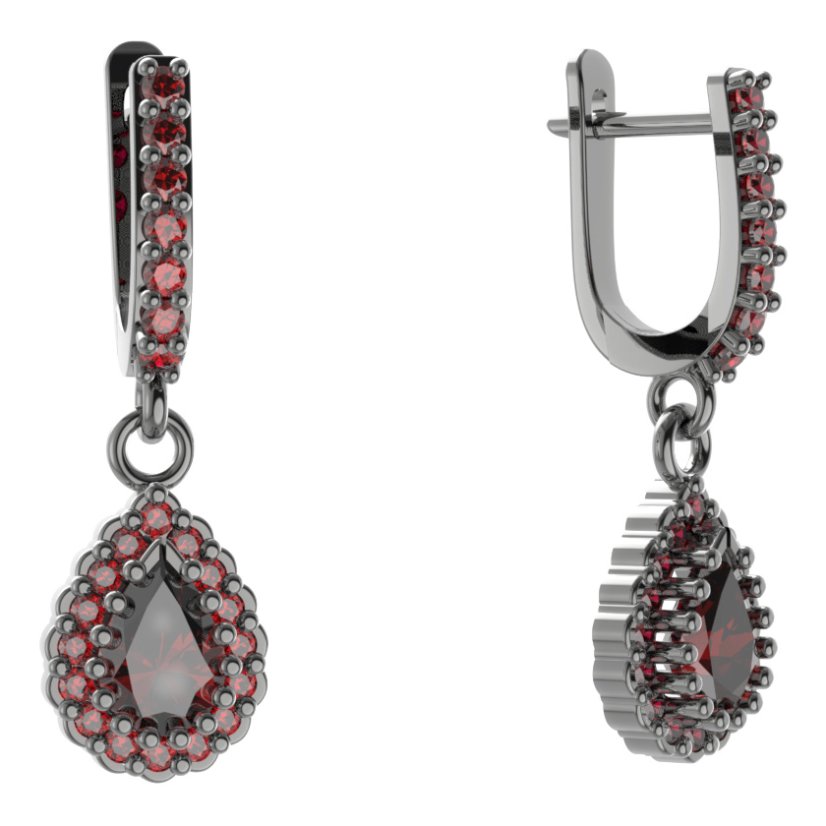 Stříbrné náušnice kapka s českým granátem, ruthenium, visací – 454-84