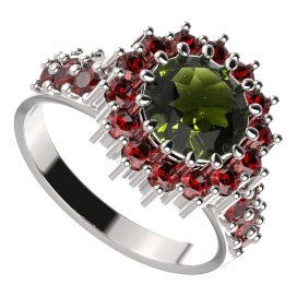 BG prsten 096-X kulatého tvaru Stříbro 925 - rhodium Vltavín a granát