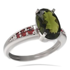 BG prsten oválný kámen 492-J Bílé zlato - 585 Vltavín a granát