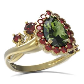 BG prsten s kapkovitým kamenem 519-P Žluté zlato - 585 Vltavín a granát