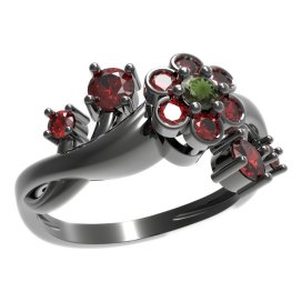 BG prsten s kulatým kamenem 518-P Stříbro 925 - ruthenium (30-90dní) Vltavín a granát