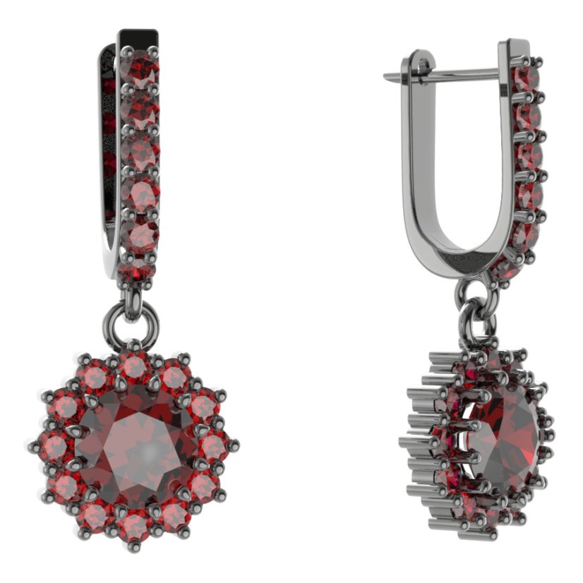 Stříbrné náušnice s českým granátem, ruthenium, visací – 098-94