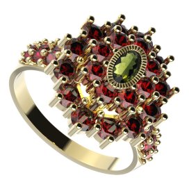 BG prsten 009-X oválného tvaru Žluté zlato - 585 Vltavín a granát