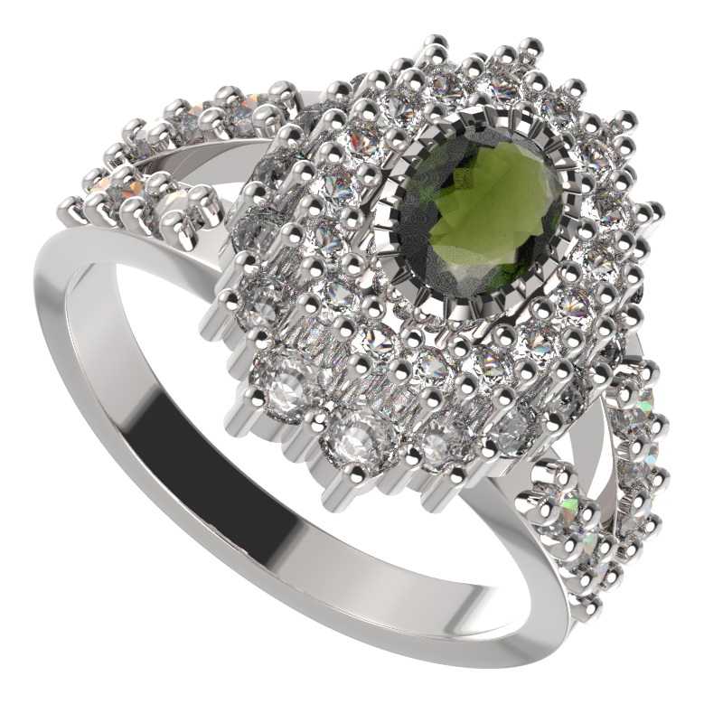 BG prsten oválný 243-Y Stříbro 925 - rhodium Vltavín a  kubický zirkon