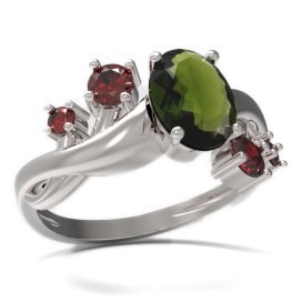 BG prsten s oválným kamenem 478-P Stříbro 925 - rhodium Vltavín a granát