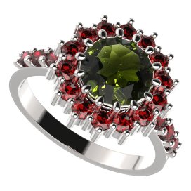 BG prsten 096-Z kulatého tvaru Stříbro 925 - rhodium Vltavín a granát