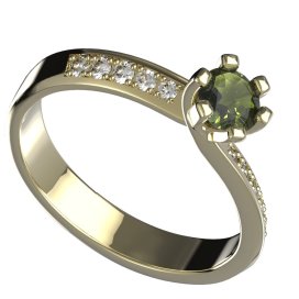 BG zlatý prstýnek granátový, vltavínový 1124 /zásnubní-snubní/ Žluté zlato - 585 Vltavín a  kubický zirkon