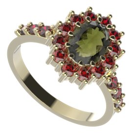 BG prsten 298-Z oválného tvaru Žluté zlato - 585 Vltavín a granát