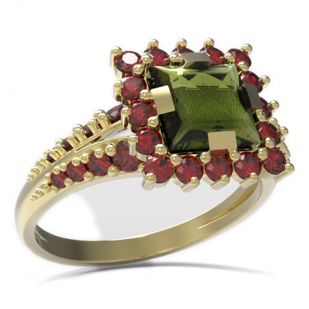 BG prsten s čtvercovým kamenem 499-G - Kov: Stříbro 925 - rhodium, Kámen: Vltavín a granát