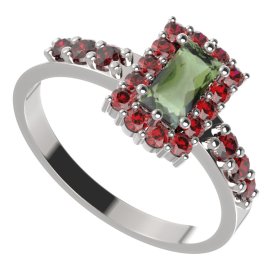 BG prsten 431-Z obdelníkového tvaru Bílé zlato - 585 Vltavín a granát