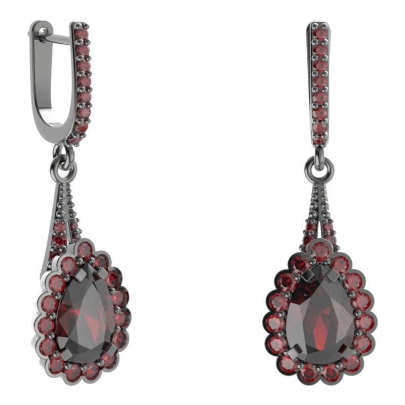 Stříbrné náušnice kapka s českým granátem, ruthenium, anglické zapínání – 519-G91