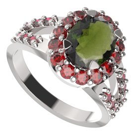 BG prstýnek 728 Stříbro 925 - rhodium Vltavín a granát