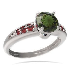 BG prsten kulatý kámen 473-J Bílé zlato - 585 Vltavín a granát