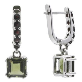 BG náušnice vsazeny kameny:český granát, vltavín  673-93 Stříbro 925 - rhodium Vltavín a granát