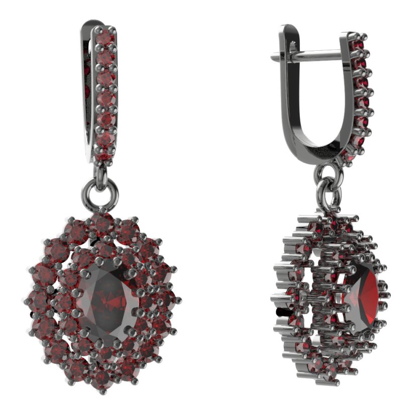 Stříbrné náušnice s českým granátem, ruthenium, visací – 001-84