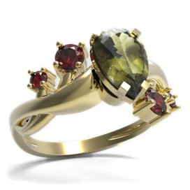 BG prsten s kapkovitým kamenem 494-P Stříbro 925 - pozlacené Vltavín a granát