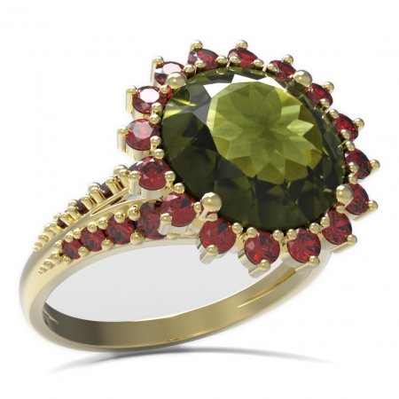 BG prsten s kulatým kamenem 512-G - Kov: Žluté zlato 585, Kámen: Vltavín a granát