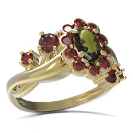 BG prsten s oválným kamenem 517-P Žluté zlato - 585 Vltavín a granát