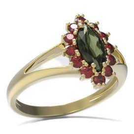 BG prsten oválný kámen 504-V Žluté zlato - 585 Vltavín a granát