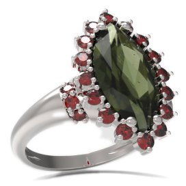 BG prsten oválný kámen 513-K Bílé zlato - 585 Vltavín a granát