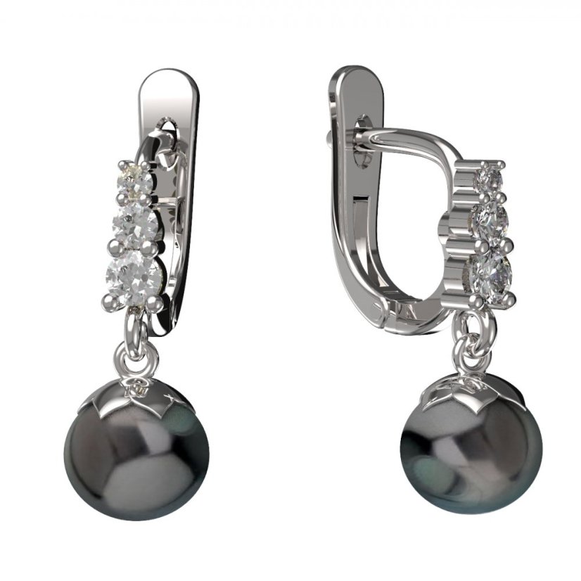 BG zlaté náušnice 561 s černou perlou Bílé zlato - 585 Diamant a tahiti perla