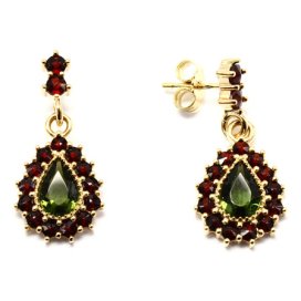 BG náušnice osázené kameny:granát  106 Stříbro 925 - rhodium Vltavín a granát