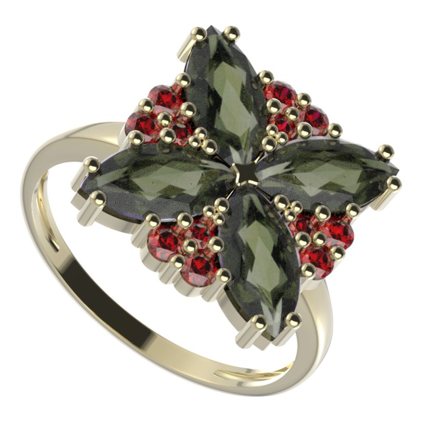 BG prsten solitérní 408-I Stříbro 925 - pozlacené Vltavín a granát