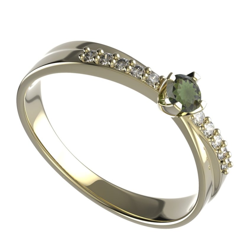BG granátový, vltavínový  prstýnek 1450 Stříbro 925 - pozlacené Vltavín a  kubický zirkon