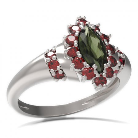 BG prsten oválný kámen 504-K - Kov: Stříbro 925 - rhodium, Kámen: Vltavín a granát