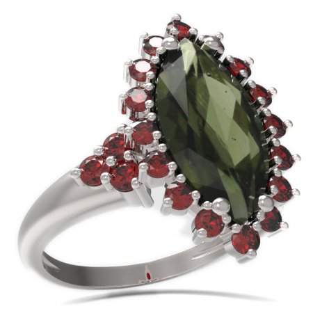 BG prsten s oválným kamenem 513-U - Kov: Stříbro 925 - rhodium, Kámen: Vltavín a granát