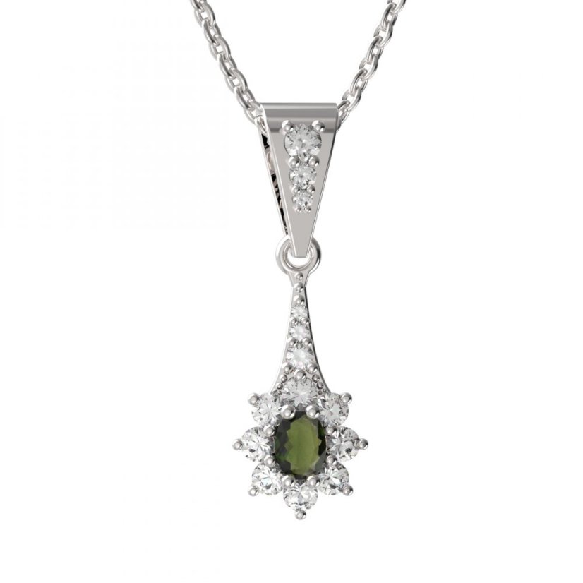 BG přívěs s centrálním oválným kamenem 627s-2 Bílé zlato - 585 Vltavín a  kubický zirkon