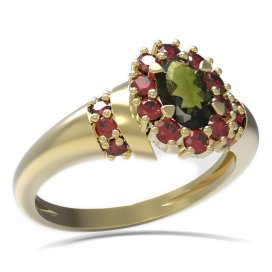 BG prsten oválný kámen 498-K Žluté zlato - 585 Vltavín a granát