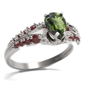 BG prsten s kapkovitým kamenem 495-G Bílé zlato - 585 Vltavín a granát