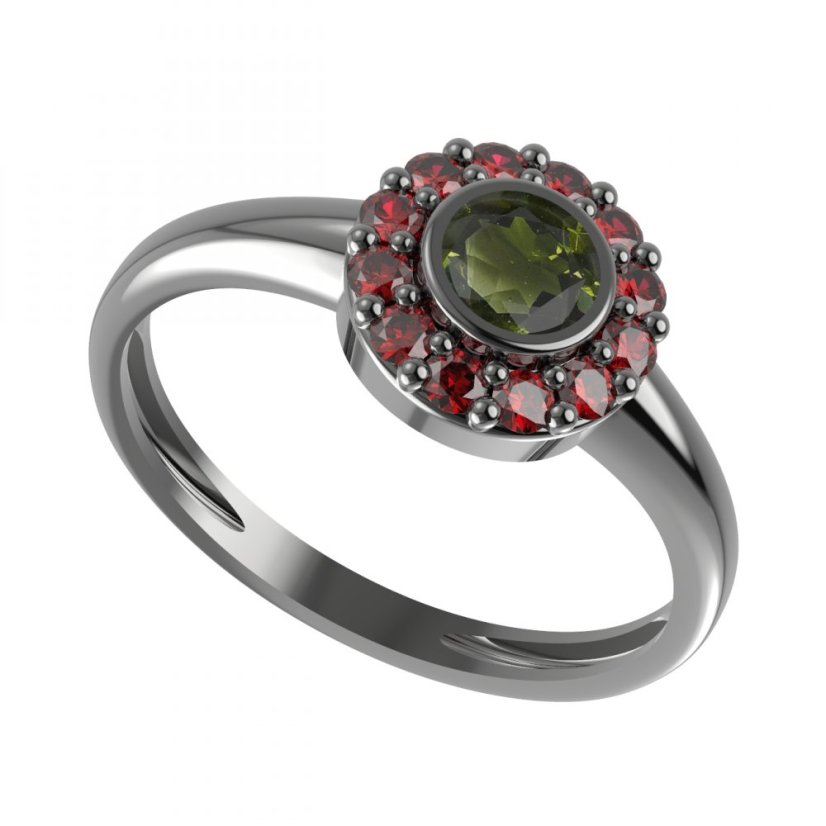 BG prsten kulatý 744-I Stříbro 925 - ruthenium (30-90dní) Vltavín a granát
