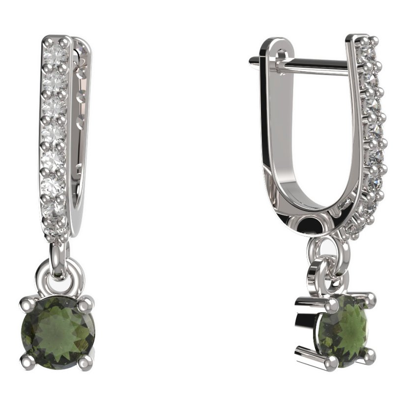 BG zlaté vltavínové náušnice 725 Bílé zlato - 585 Vltavín a diamant