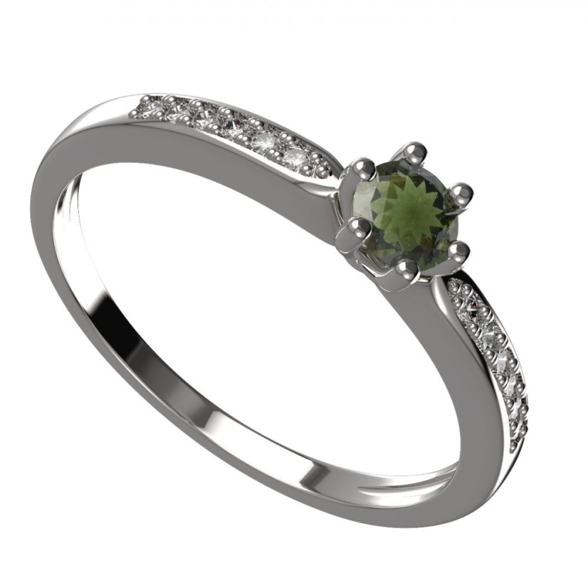 BG zlatý prstýnek s vltavínem 1471 /zásnubní-snubní/ Bílé zlato - 585 Vltavín a  kubický zirkon