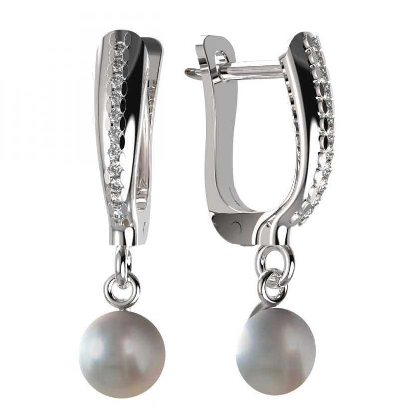 BG zlaté náušnice 1291 s bílou perlou Bílé zlato - 585 Diamant a perla