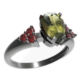 BG prsten s kapkovitým kamenem 494-U Stříbro 925 - ruthenium (30-90dní) Vltavín a granát