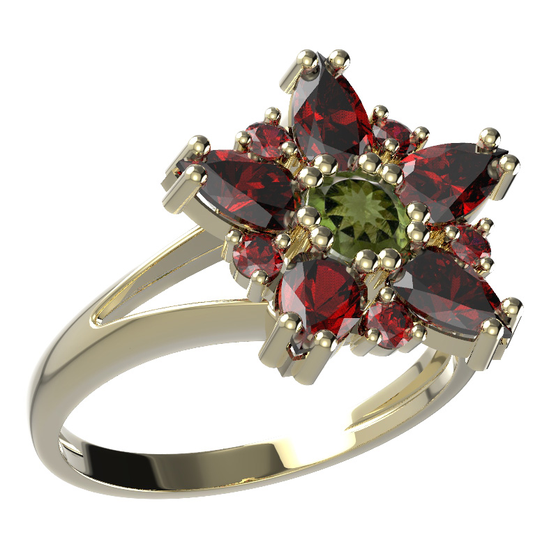 BG prsten ve tvaru hvězdy 521-V Žluté zlato - 585 Vltavín a granát