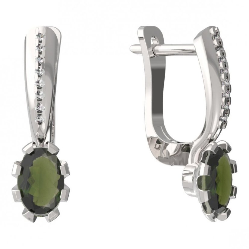 BG vltavínové náušnice 560 Bílé zlato - 585 Vltavín a diamant