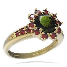 BG prsten kulatý kámen 511-J Žluté zlato - 585 Vltavín a granát