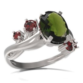 BG prsten s oválným kamenem 493-P Bílé zlato - 585 Vltavín a granát