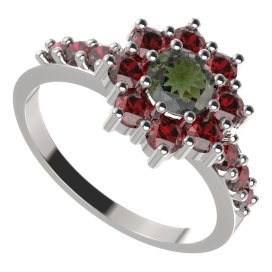 BG prsten 023-Z kulatého tvaru Bílé zlato - 585 Vltavín a granát