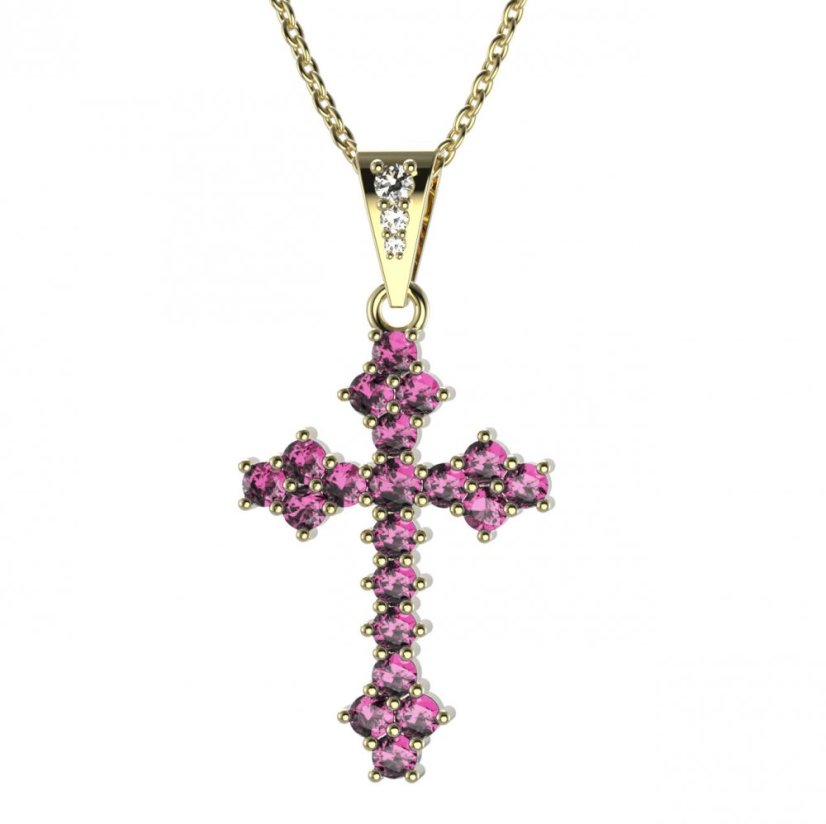 Zlatý přívěsek křížek s růžovým zirkonem, žluté zlato 585 – 263 (ZN342632)