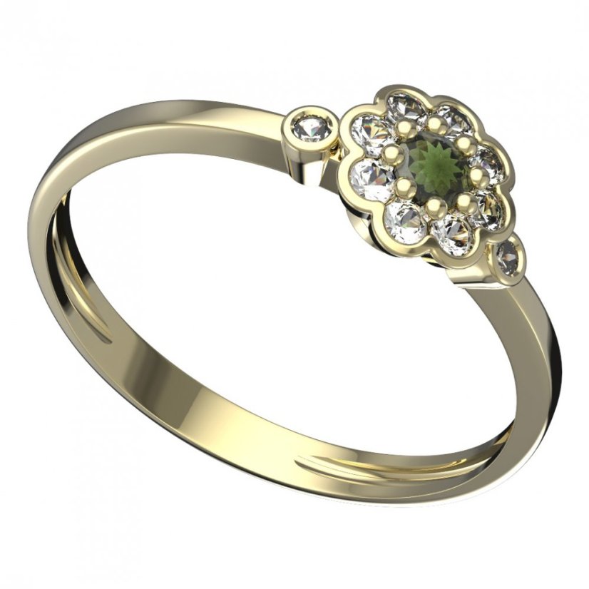 BG vltavínový prsten 552L Žluté zlato - 585 Vltavín a  kubický zirkon
