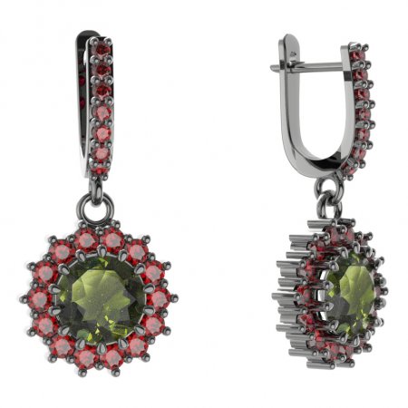 BG circular earring 096-84 - Metal: Silver 925 - ruthenium, Stone: Moldavit and garnet